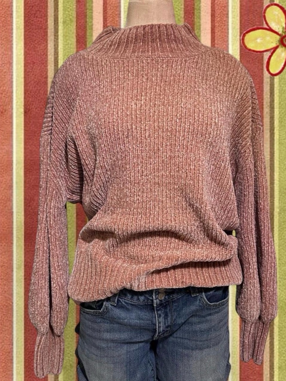 Dusty Rose Pink Coquette Ribbed Knit Mock Neck Velour Sweater Medium